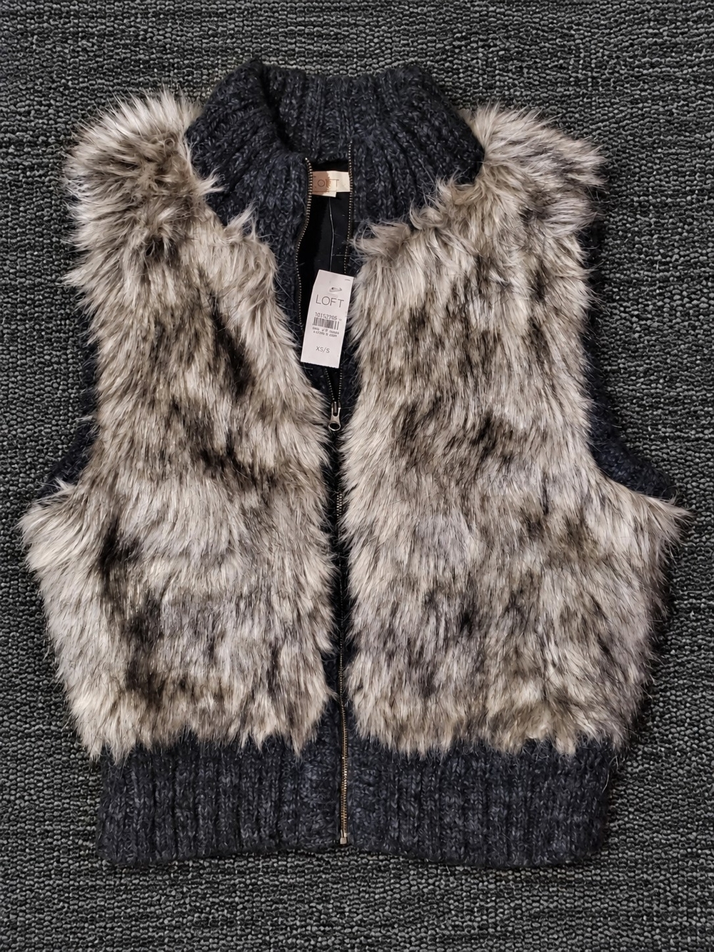 LOFT Gray Knit Jacket with Faux Fur Trim